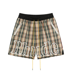 RHUDE Plaid Script Logo Athletic Shorts - Beige Multi