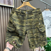 Niche American retro distressed camouflage workwear shorts for men, Vibe trendy brand casual five quarter pants, rugged and handsome wide leg mid length pants