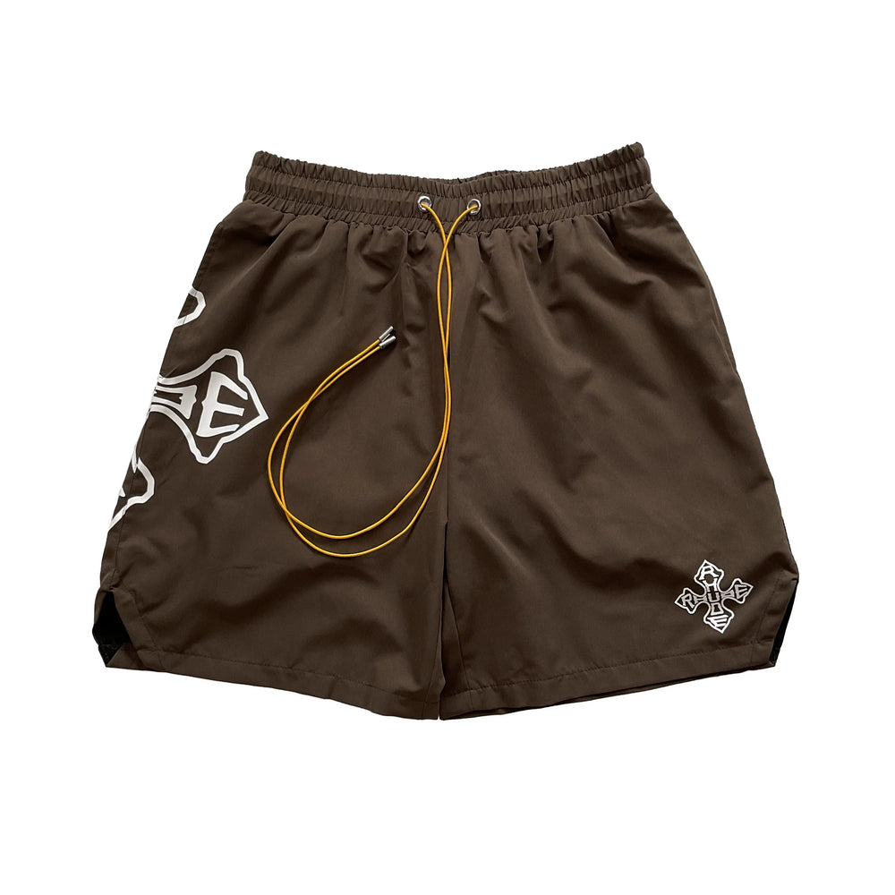 RHUDE Cross Logo Graphic Drawstring Athletic Shorts - Brown
