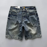 Vintage American retro denim shorts for men, washed and worn, loose straight leg casual cropped pants for summer wear