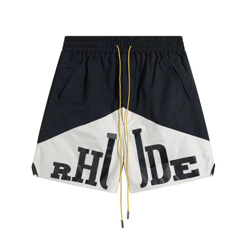 RHUDE Colorblock Athletic Shorts with Split Script Logo - Black / White