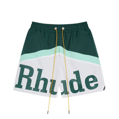 RHUDE Colorblock Script Logo Drawstring Athletic Shorts - Dark Green / White
