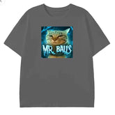 American funny cat MR. BALLS printed T-shirt, niche fun meme, 2026 new top, loose short sleeved