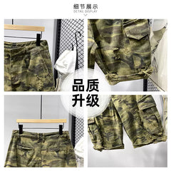 Summer loose fit casual men's shorts, trendy brand with multiple pockets, holes, scratches, design sense, camouflage workwear, cropped pants