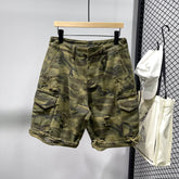 Summer loose fit casual men's shorts, trendy brand with multiple pockets, holes, scratches, design sense, camouflage workwear, cropped pants