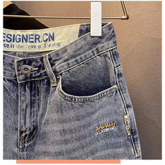 Summer casual shorts men's plus size light colored cotton five quarter jeans trendy embroidery high-end men's straight leg shorts