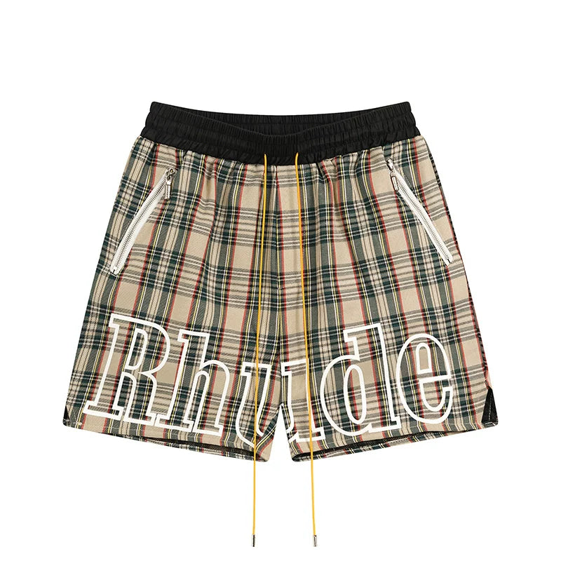 RHUDE Plaid Script Logo Athletic Shorts - Beige Multi