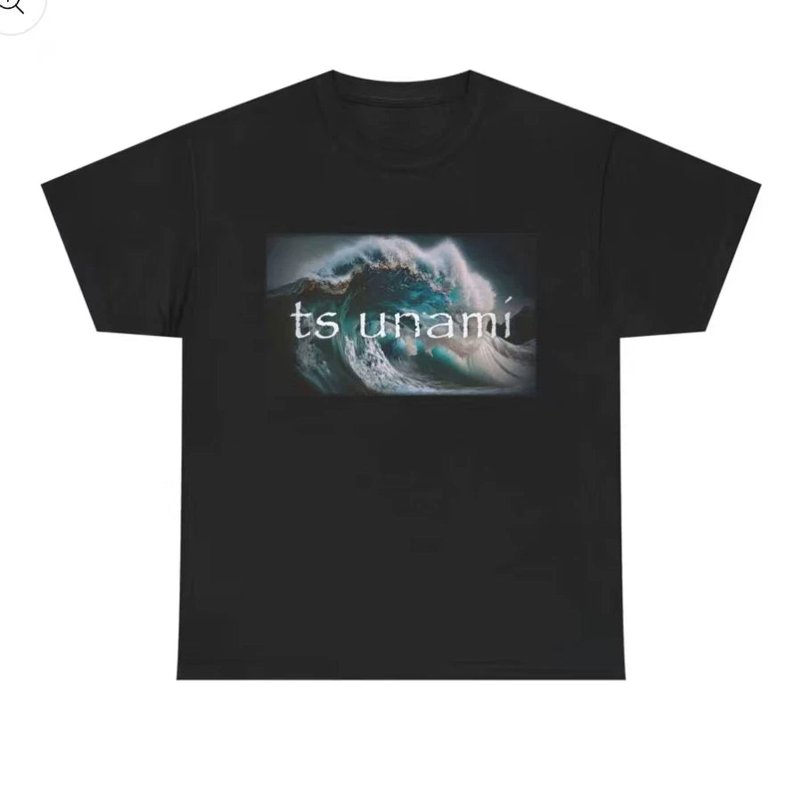 Tsunami black and white tsunami wave landscape print short sleeved T-shirt American 2026 style loose fitting men's and women's top