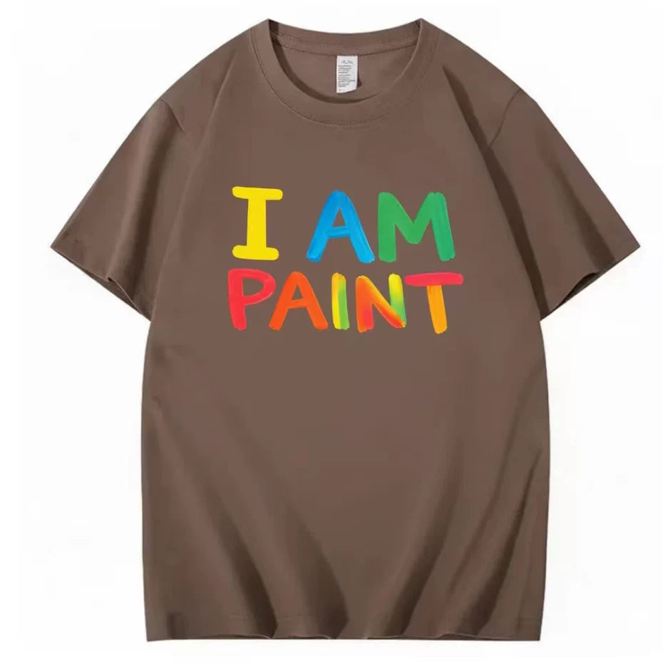 I AM PAINT Rainbow Color Letter Short Sleeve Men's and Women's Niche Graffiti Brush Printed Black Loose T-shirt