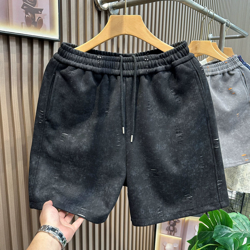 American fashion brand ripped shorts men's 2026 summer gray beach five quarter pants men's straight leg loose casual sweatpants