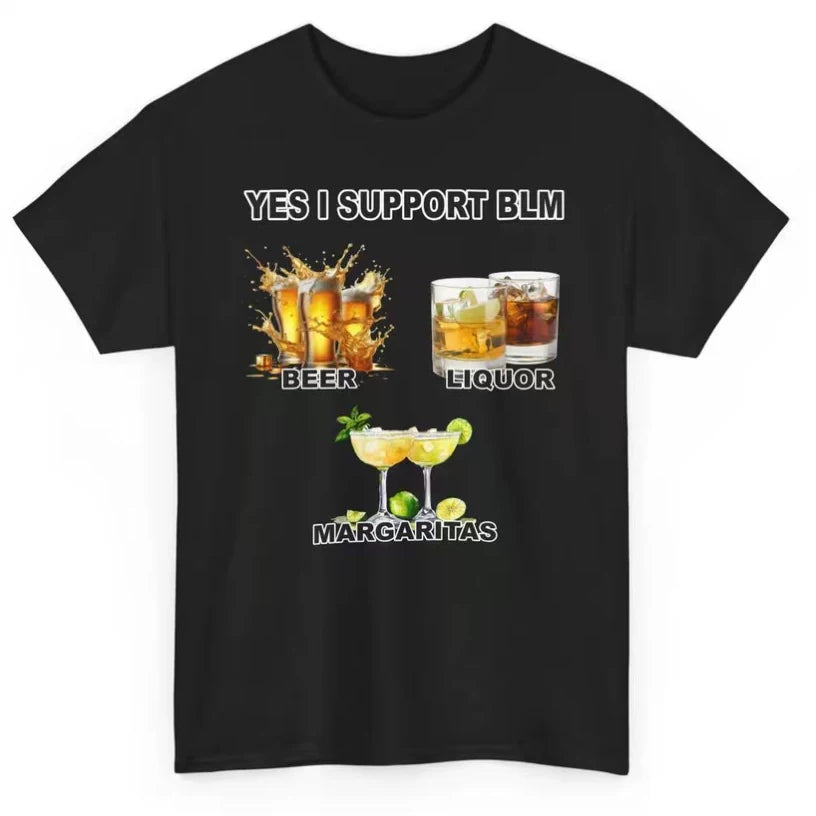 American Fun YES I Support BLM Wine Pattern Printed Loose Short sleeved T-shirt for Men and Women
