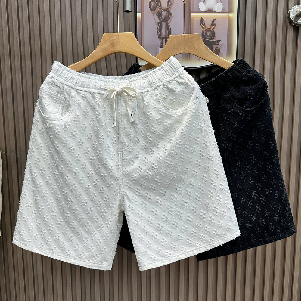 Design sense jacquard white cool denim shorts men's trendy brand loose five quarter pants 2025 summer new big shorts