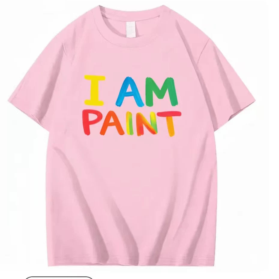 I AM PAINT Rainbow Color Letter Short Sleeve Men's and Women's Niche Graffiti Brush Printed Black Loose T-shirt