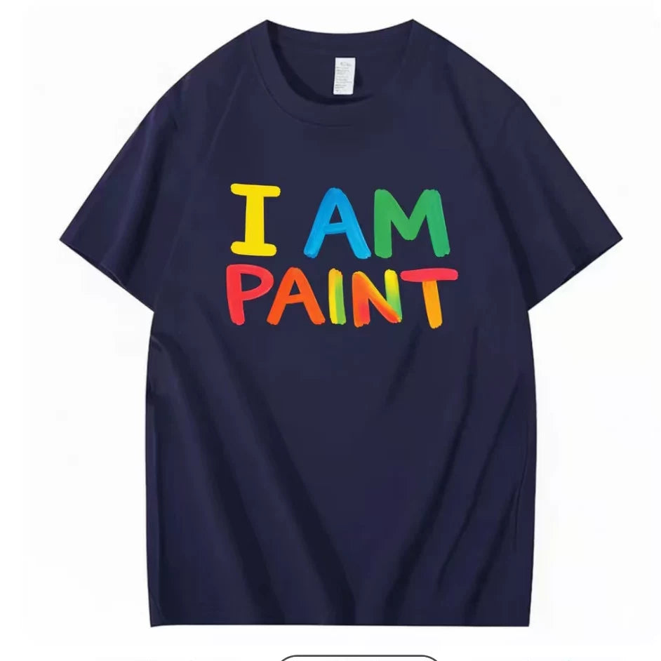 I AM PAINT Rainbow Color Letter Short Sleeve Men's and Women's Niche Graffiti Brush Printed Black Loose T-shirt