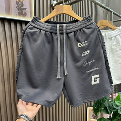 American style embroidered loose shorts for men, 2026 summer fashion casual shorts, trendy brand perforated beach five quarter pants