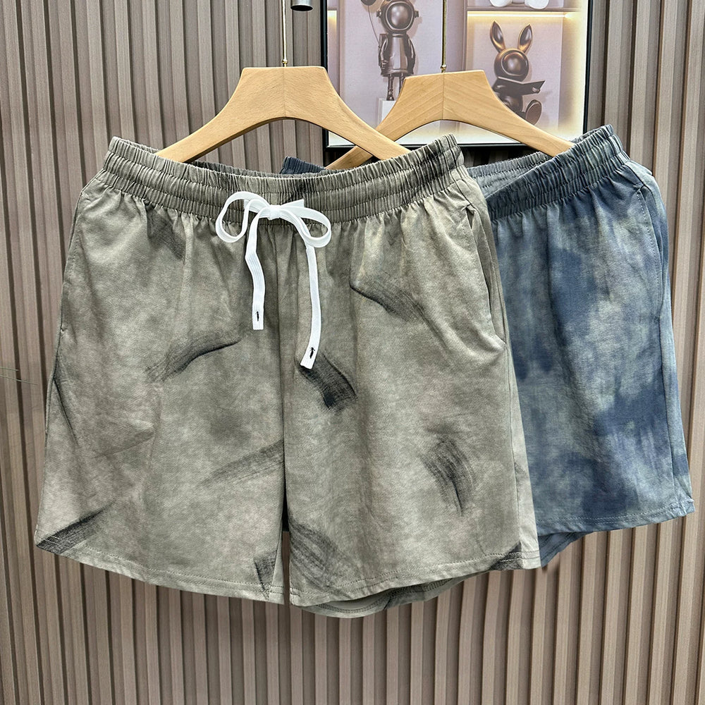 Splashing ink painting tie dye high luxury cotton shorts for men in summer, heavy-duty mixed color tie dye four or five quarter length pants, breathable sports pants