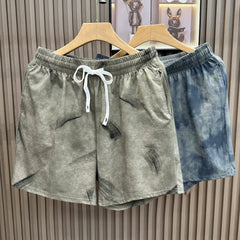 Splashing ink painting tie dye high luxury cotton shorts for men in summer, heavy-duty mixed color tie dye four or five quarter length pants, breathable sports pants