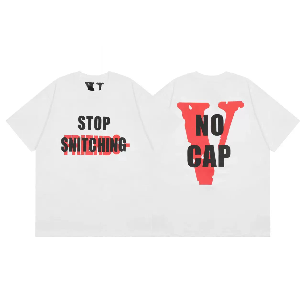 Vlone "STOP SNITCHING" & "NO CAP" Graphic T-Shirt - White