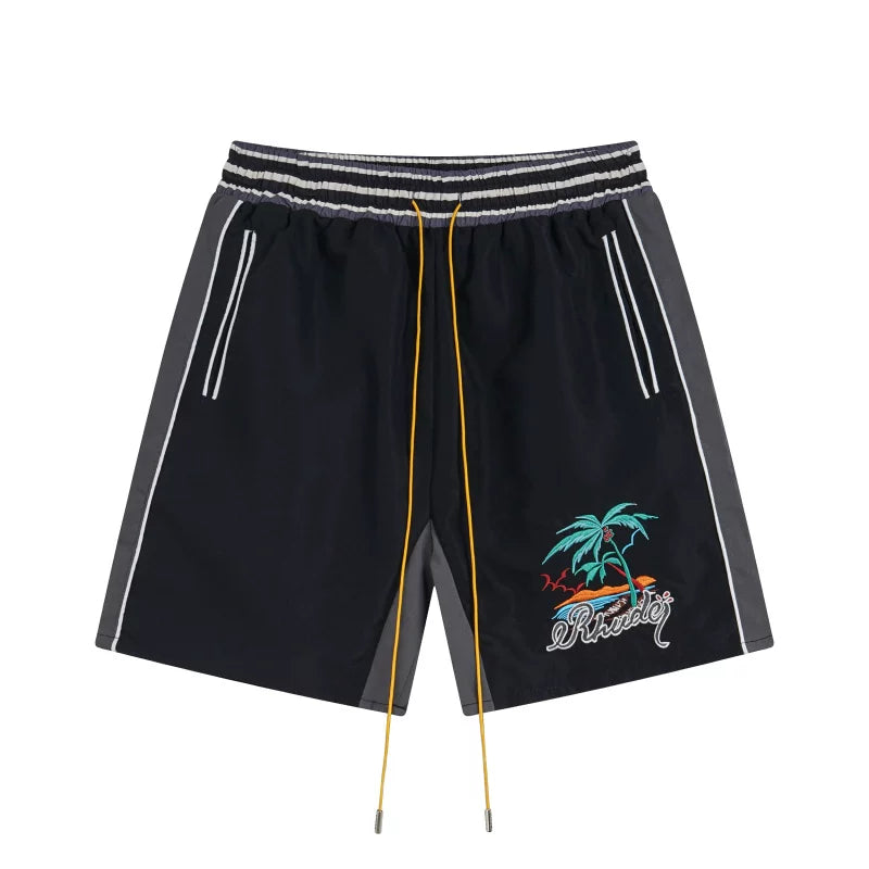 RHUDE Tropical Graphic Colorblock Athletic Shorts - Black / Charcoal