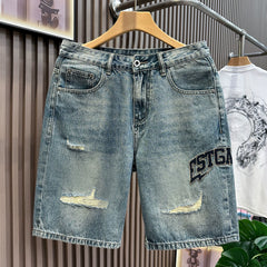 Patched ripped denim shorts for men in summer 2026, thin, American retro embroidered mid length, loose straight leg cropped pants