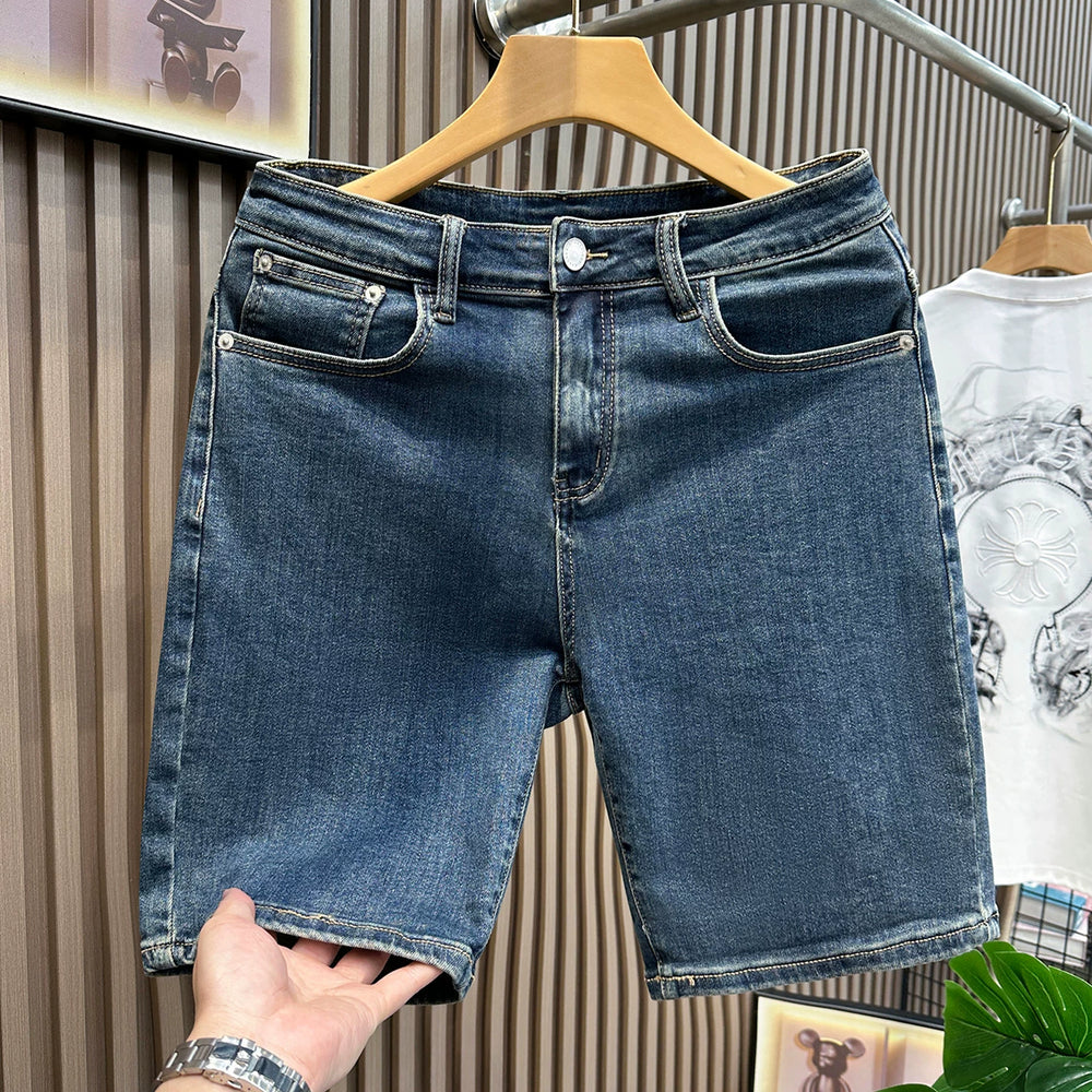 Blue retro five quarter denim shorts for men, high-end summer hot items, simple and versatile, casual and washed fashionable horse pants