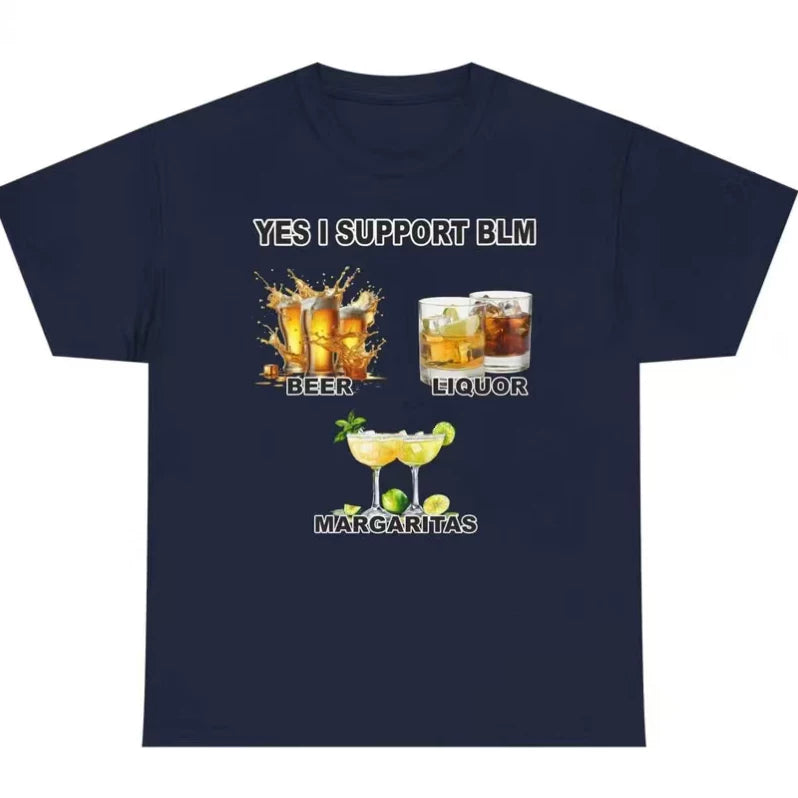 American Fun YES I Support BLM Wine Pattern Printed Loose Short sleeved T-shirt for Men and Women