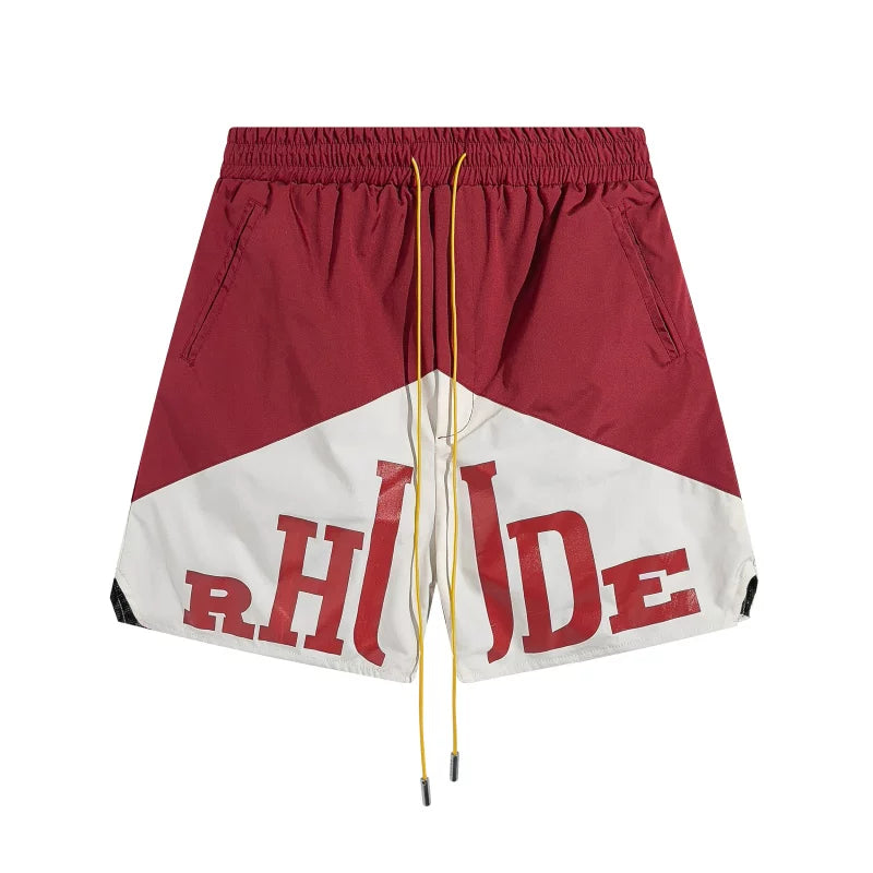RHUDE Colorblock Athletic Shorts with Split Script Logo - Maroon / White