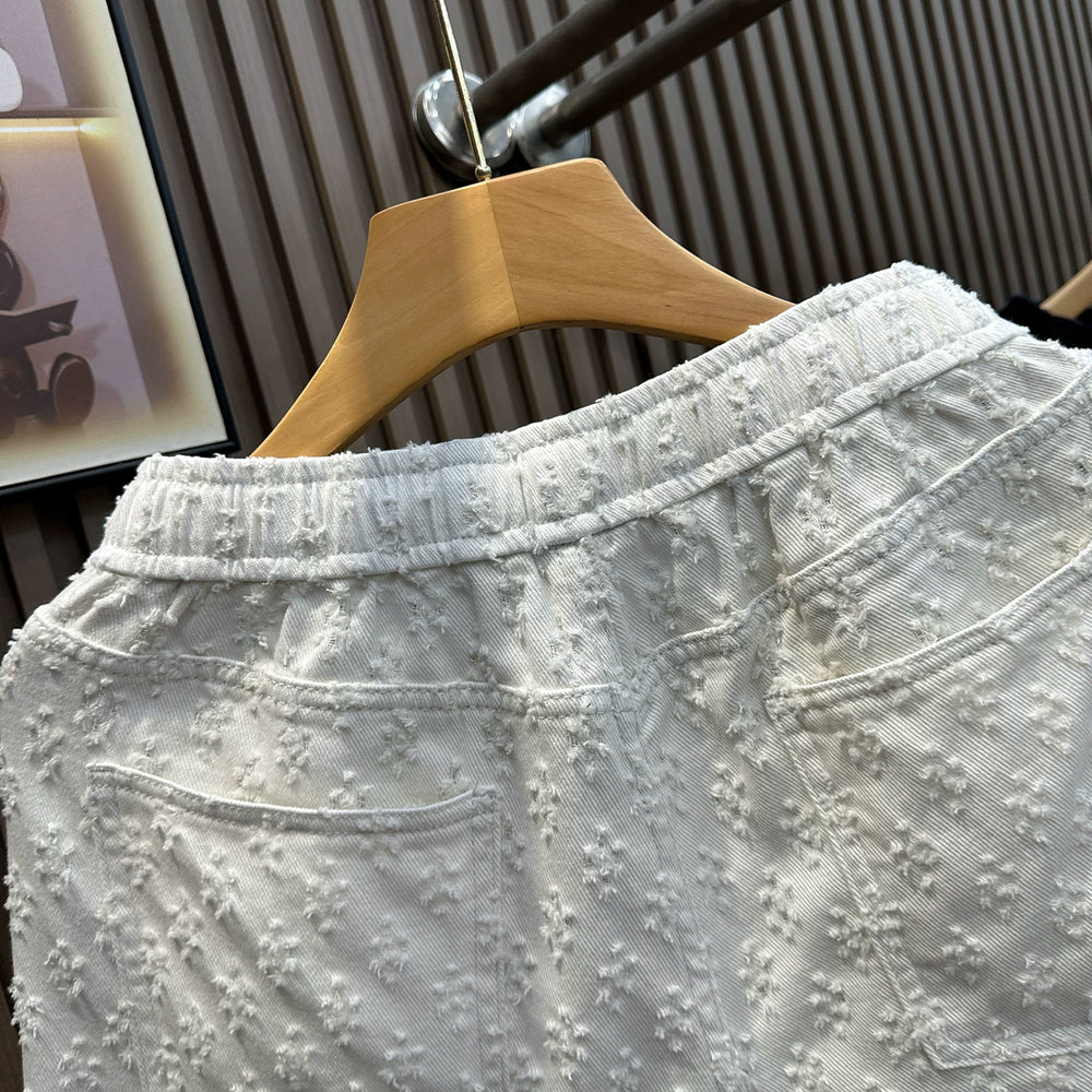 Design sense jacquard white cool denim shorts men's trendy brand loose five quarter pants 2025 summer new big shorts