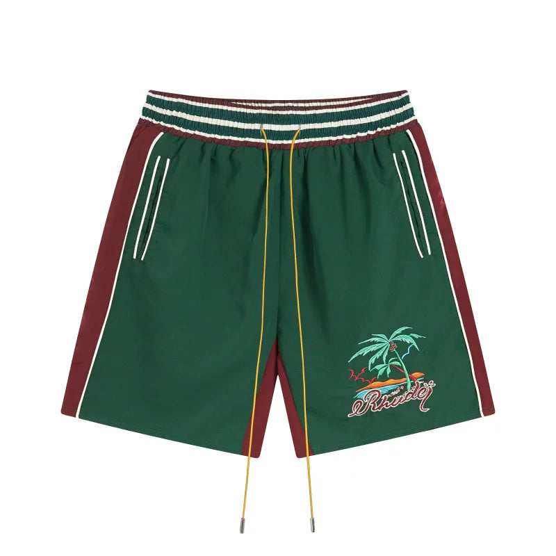 RHUDE Tropical Graphic Colorblock Athletic Shorts - Green / Maroon
