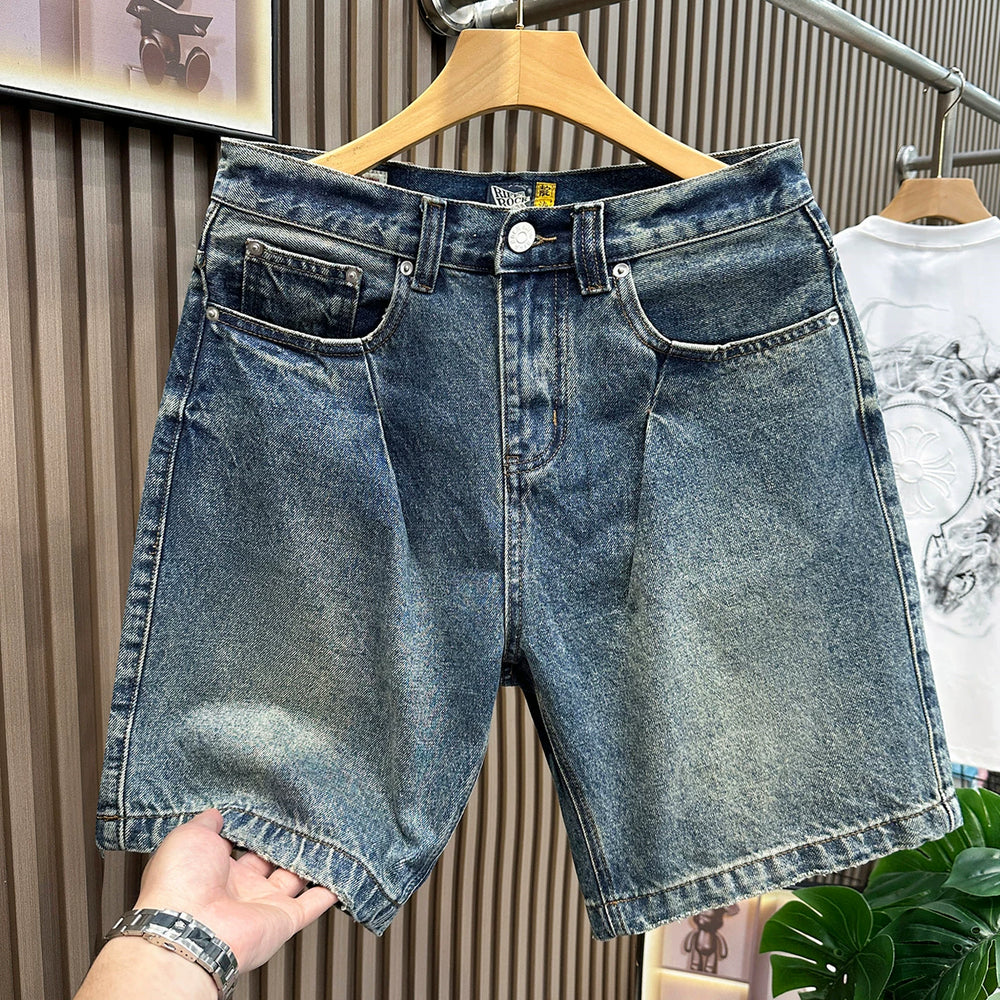 Cowboy shorts men's summer heavyweight American retro washed distressed casual five quarter straight leg loose and versatile mid length pants