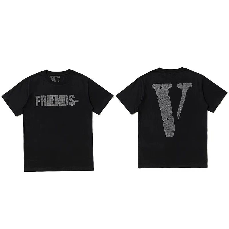 Vlone All-Over Text Grid "FRIENDS-" Graphic T-Shirt - Black