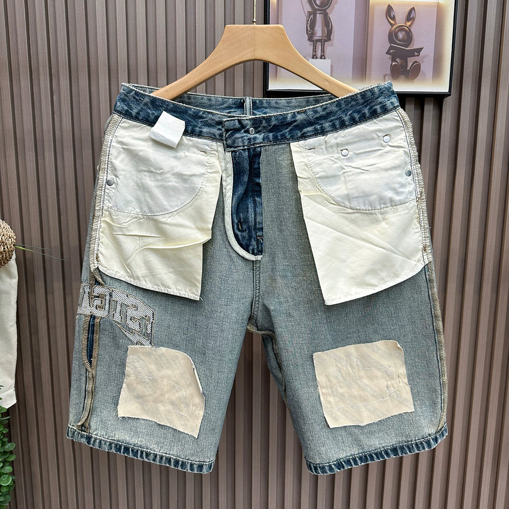 Patched ripped denim shorts for men in summer 2026, thin, American retro embroidered mid length, loose straight leg cropped pants