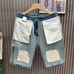 Patched ripped denim shorts for men in summer 2026, thin, American retro embroidered mid length, loose straight leg cropped pants