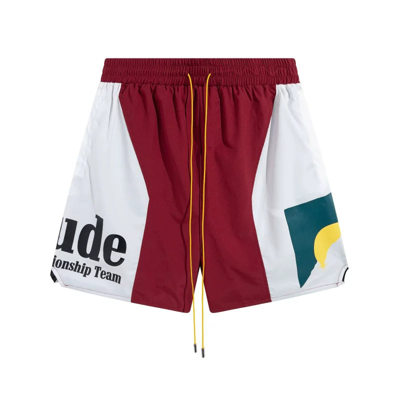 RHUDE Championship Team Graphic Colorblock Drawstring Shorts - Maroon / White