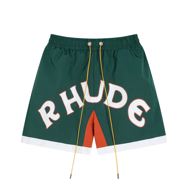 RHUDE Arch Logo Drawstring Athletic Shorts - Dark Green & Orange