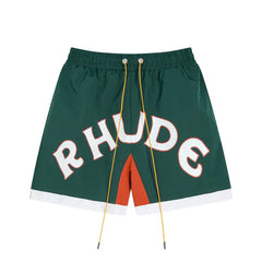 RHUDE Arch Logo Drawstring Athletic Shorts - Dark Green & Orange