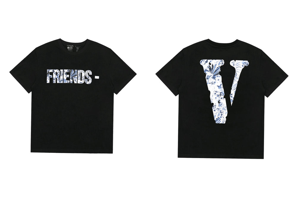 Vlone Abstract Floral "FRIENDS-" Graphic T-Shirt - Black