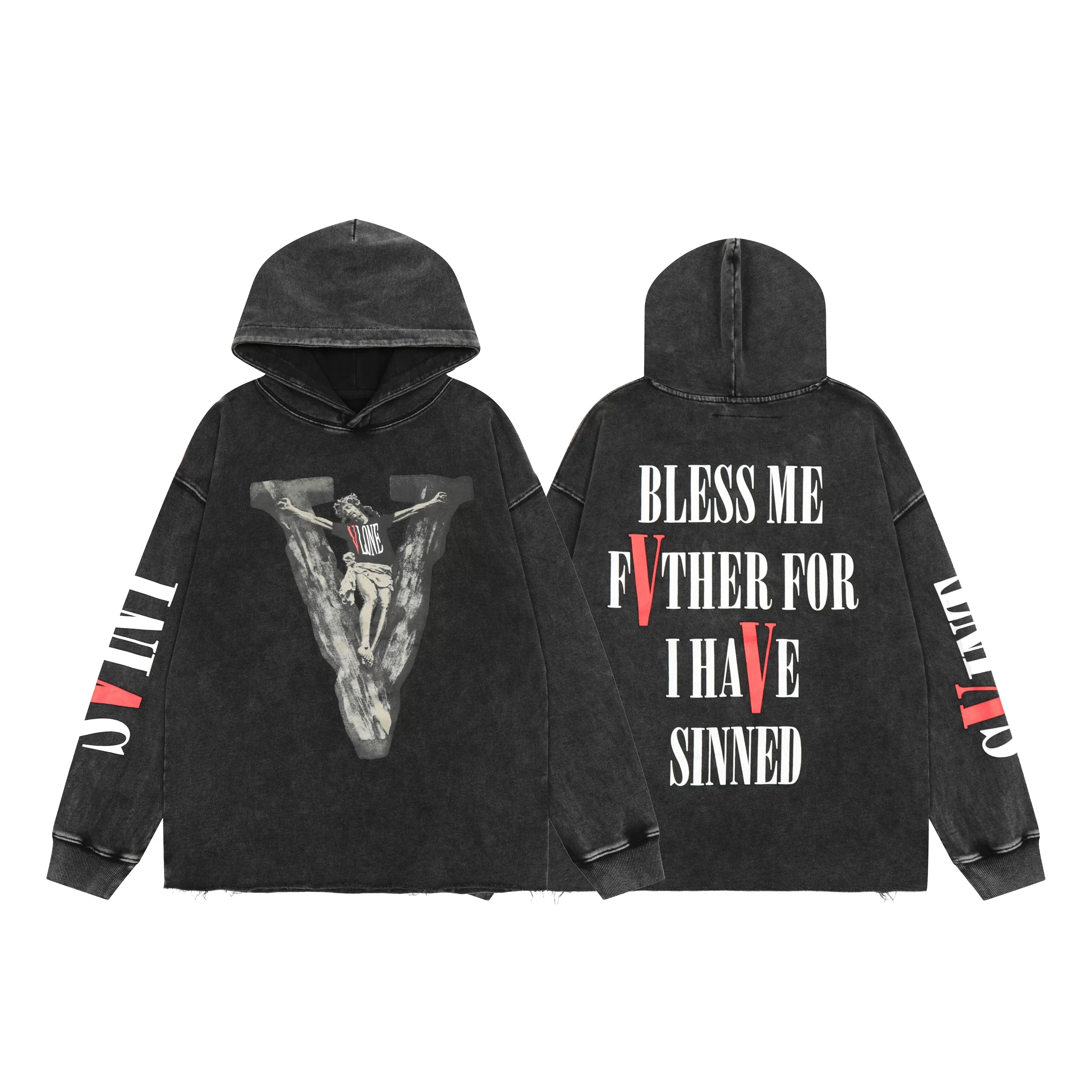Vlone Acid Wash Religious Graphic Hoodie - Black