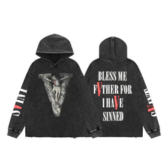 Vlone Acid Wash Religious Graphic Hoodie - Black