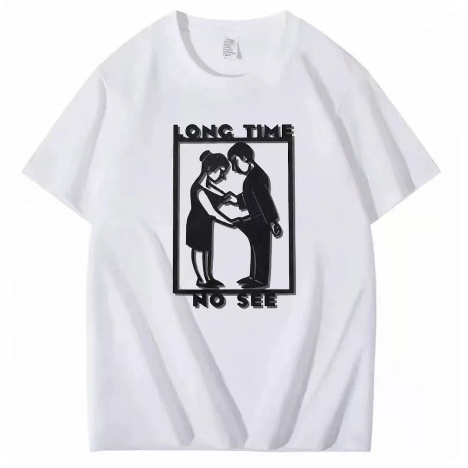Long Time No See Fun Printed T-shirt American Retro 2026 Men and Women's Short Sleeve