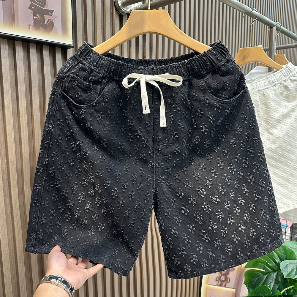 Design sense jacquard white cool denim shorts men's trendy brand loose five quarter pants 2025 summer new big shorts