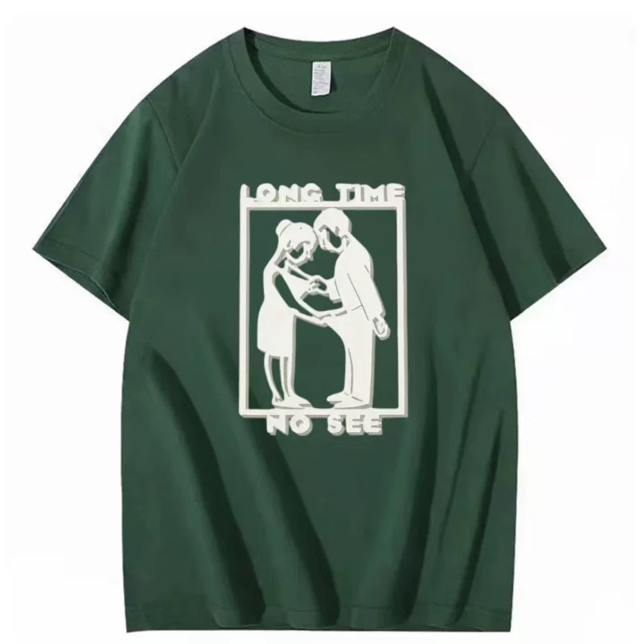 Long Time No See Fun Printed T-shirt American Retro 2026 Men and Women's Short Sleeve