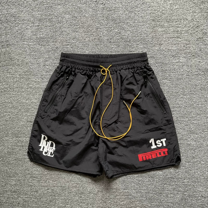 RHUDE Racing Graphic Zip Pocket Athletic Shorts - Black