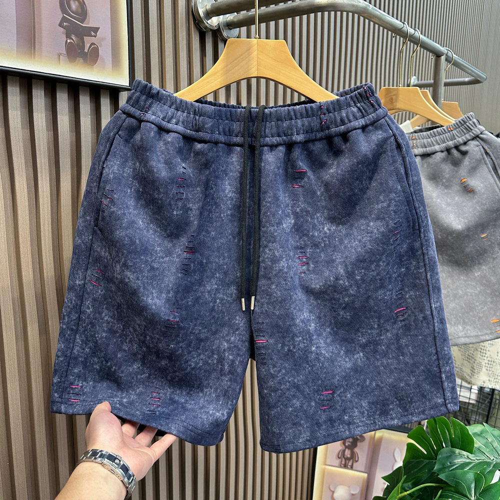 American fashion brand ripped shorts men's 2026 summer gray beach five quarter pants men's straight leg loose casual sweatpants