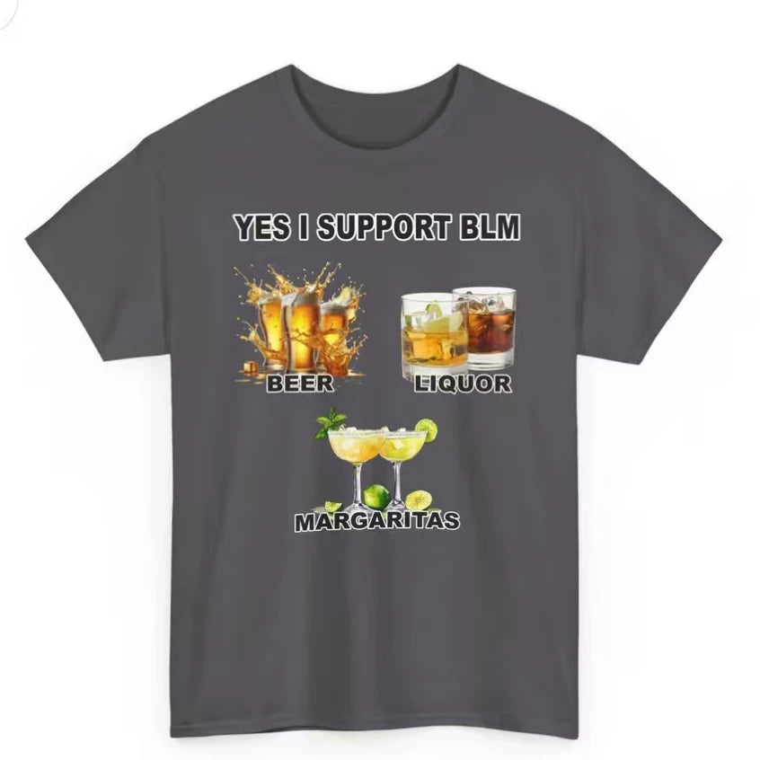 American Fun YES I Support BLM Wine Pattern Printed Loose Short sleeved T-shirt for Men and Women