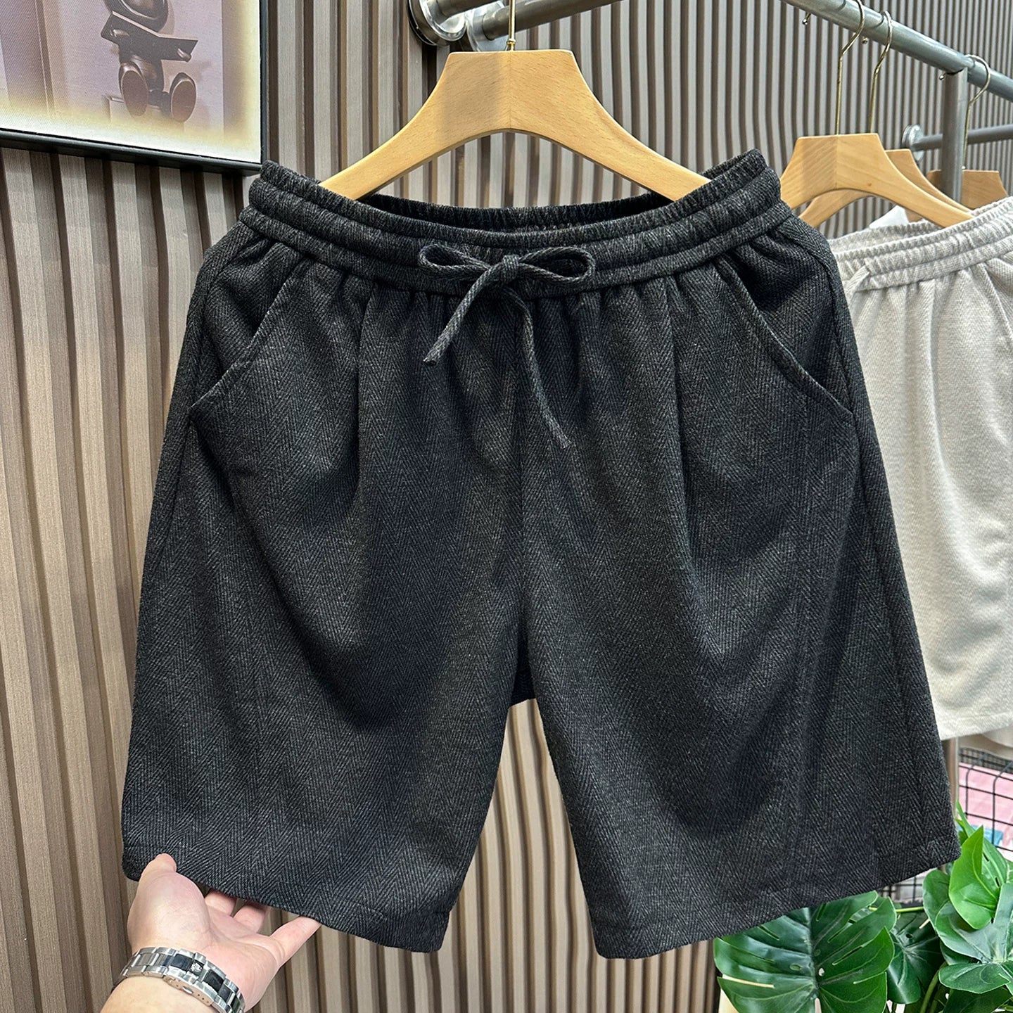 Old money style herringbone diagonal cut shorts for men's summer cleanfit trendy brand retro straight leg shorts for men's five quarter pants