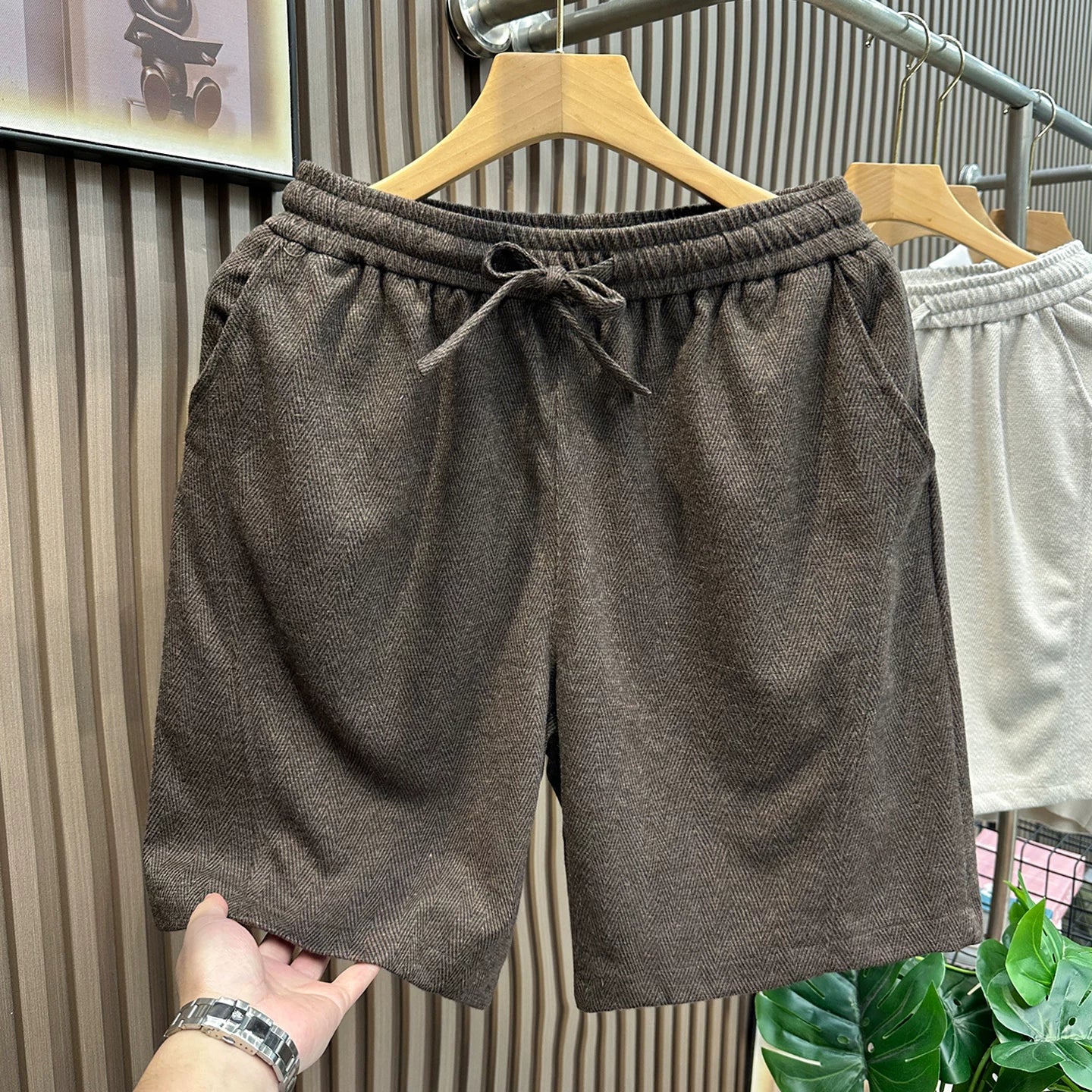 Old money style herringbone diagonal cut shorts for men's summer cleanfit trendy brand retro straight leg shorts for men's five quarter pants