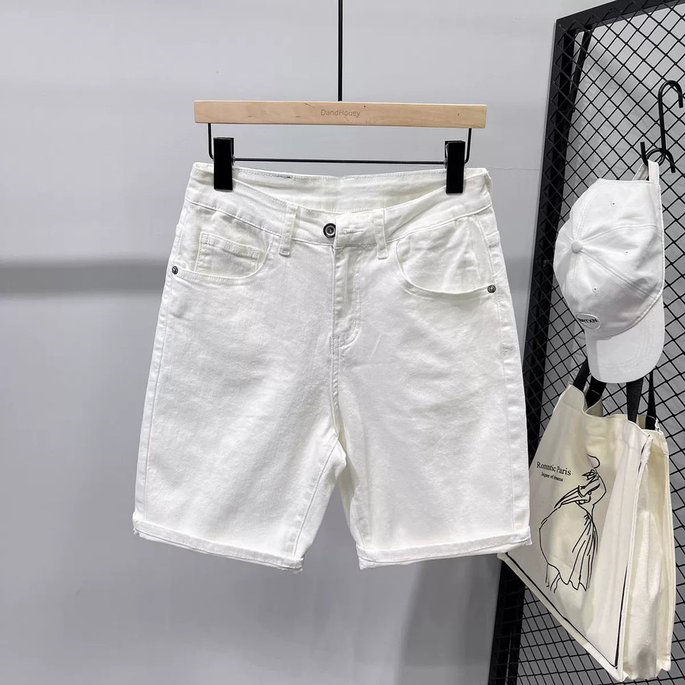 Fashionable high-end white denim shorts, men's trendy brand, cool and simple, solid color slim fit pants, men's summer five quarter pants