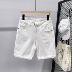 Fashionable high-end white denim shorts, men's trendy brand, cool and simple, solid color slim fit pants, men's summer five quarter pants