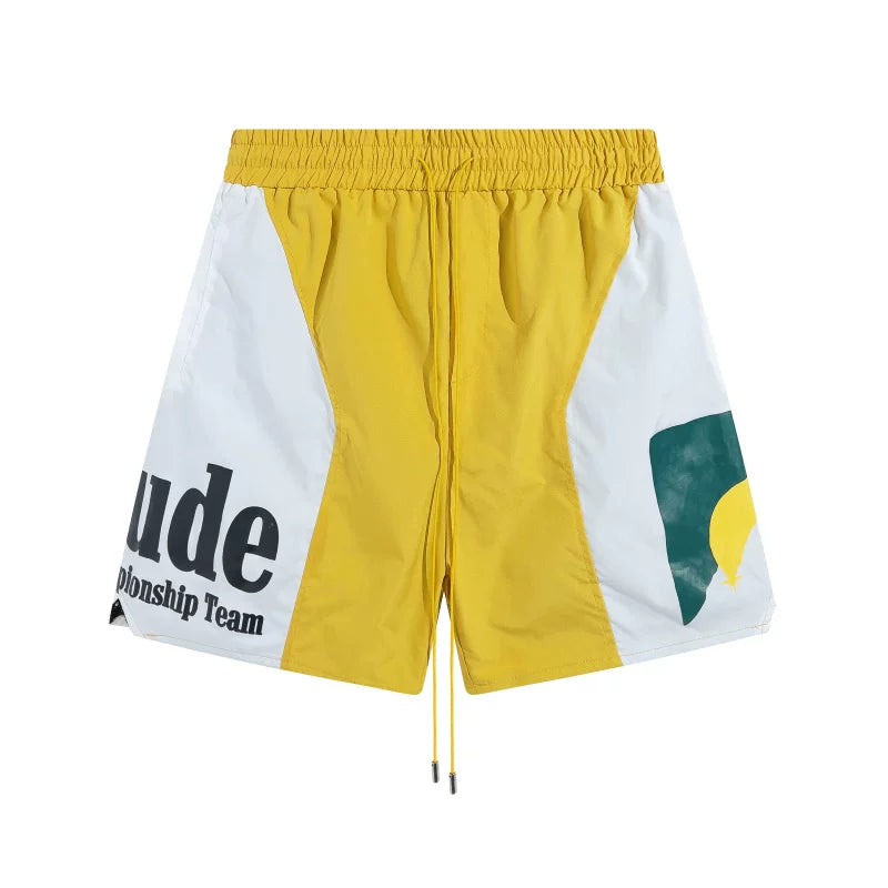 RHUDE Championship Team Graphic Colorblock Drawstring Shorts - Yellow / White